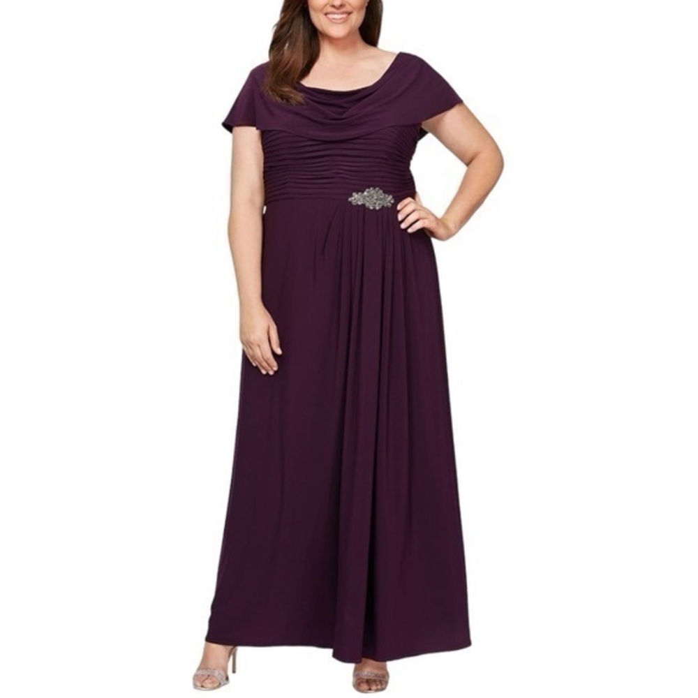 Alex Evenings Womens Purple Beaded Cowl Neck Formal Dress Gown Plus NWT Size 18W